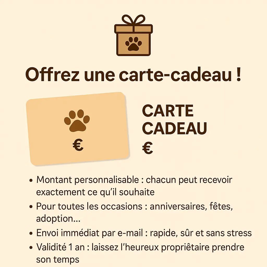 Carte-cadeau personnalisable pour animaux avec icône de patte, idéale pour anniversaires ou adoptions