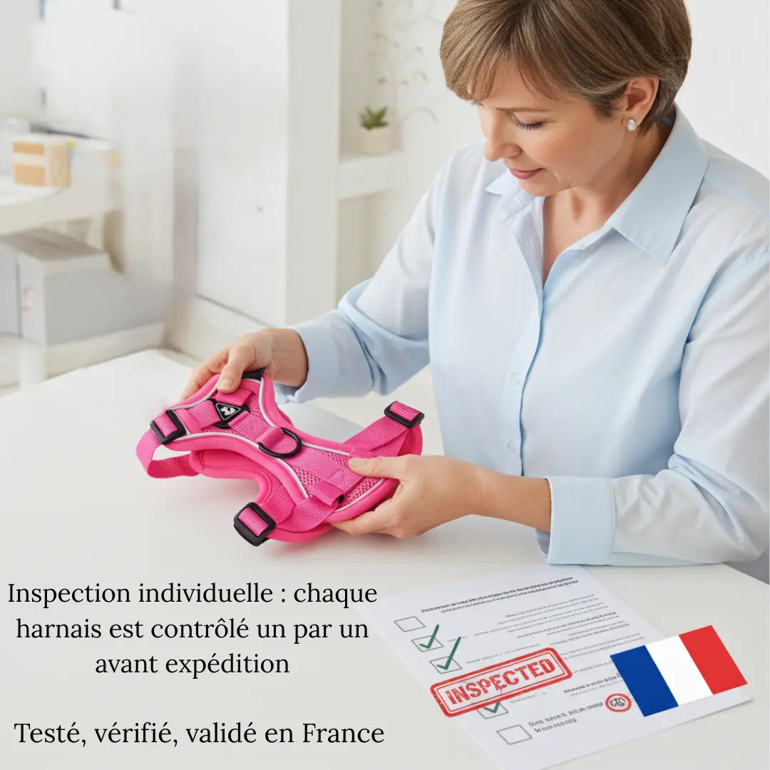 Employée contrôlant un harnais anti-traction bleu Skwatou sur une table blanche, illustrant l’inspection manuelle et le contrôle qualité effectué un par un en France avant expédition
