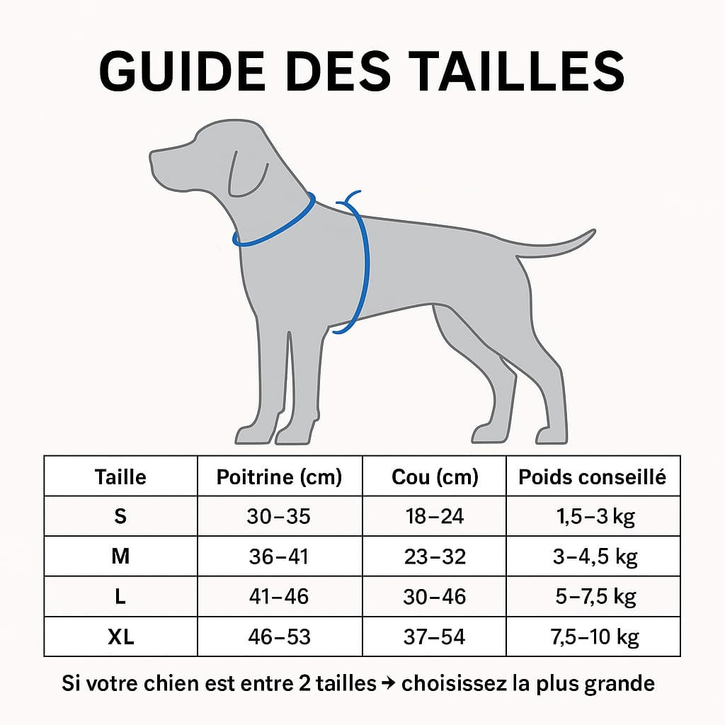 Guide des tailles du harnais anti-traction Skwatou pour petit chien, avec mesures du cou et de la poitrine et tableau S à XL de 1,5 à 10 kg.