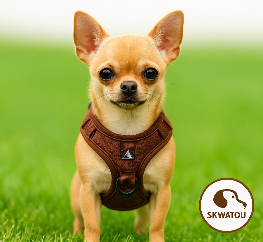 Chihuahua portant un harnais anti-traction marron Skwatou – idéal petit chien, confort et sécurité renforcés