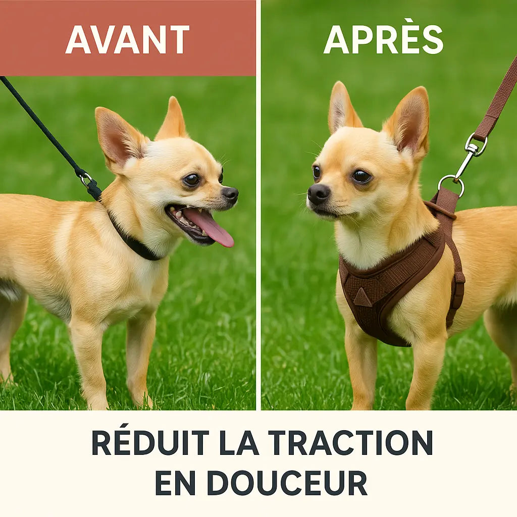 Comparatif avant après d’un chihuahua avec un collier qui tire et avec le harnais anti-traction Skwatou, plus confortable et sécurisé.