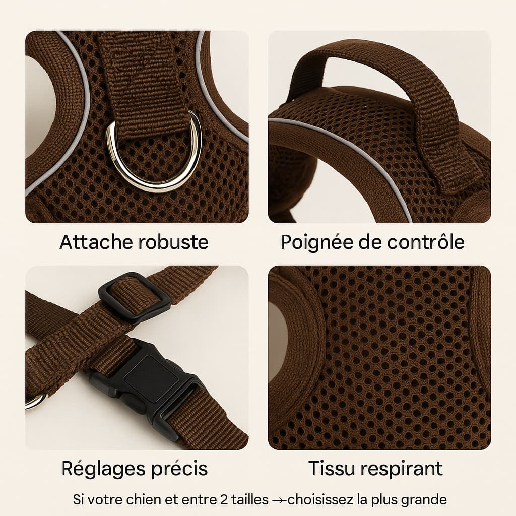 Détails du harnais anti-traction Skwatou pour petit chien avec attache robuste, poignée dorsale, sangles réglables et tissu respirant.