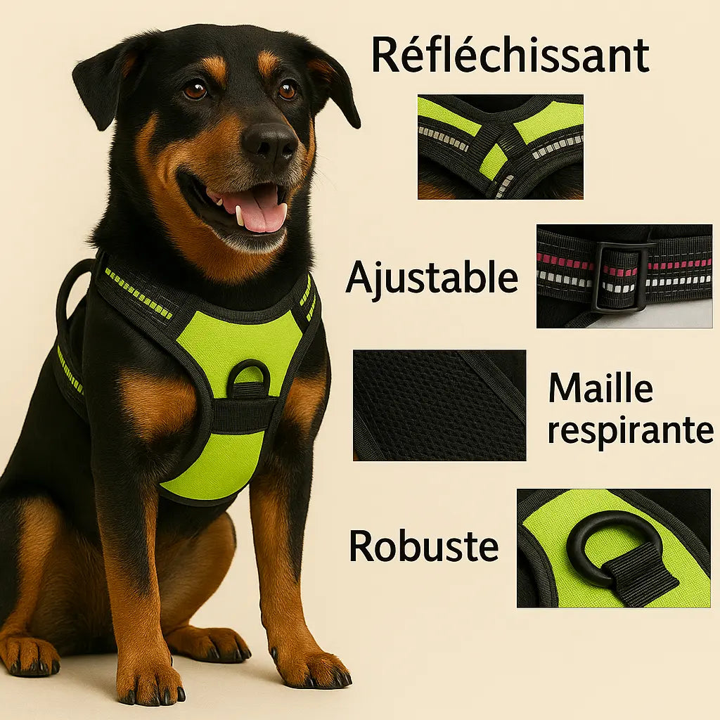 Chien portant un harnais vert fluo anti-traction avec détails réfléchissants, ajustables, maille respirante et anneau robuste – taille M/L