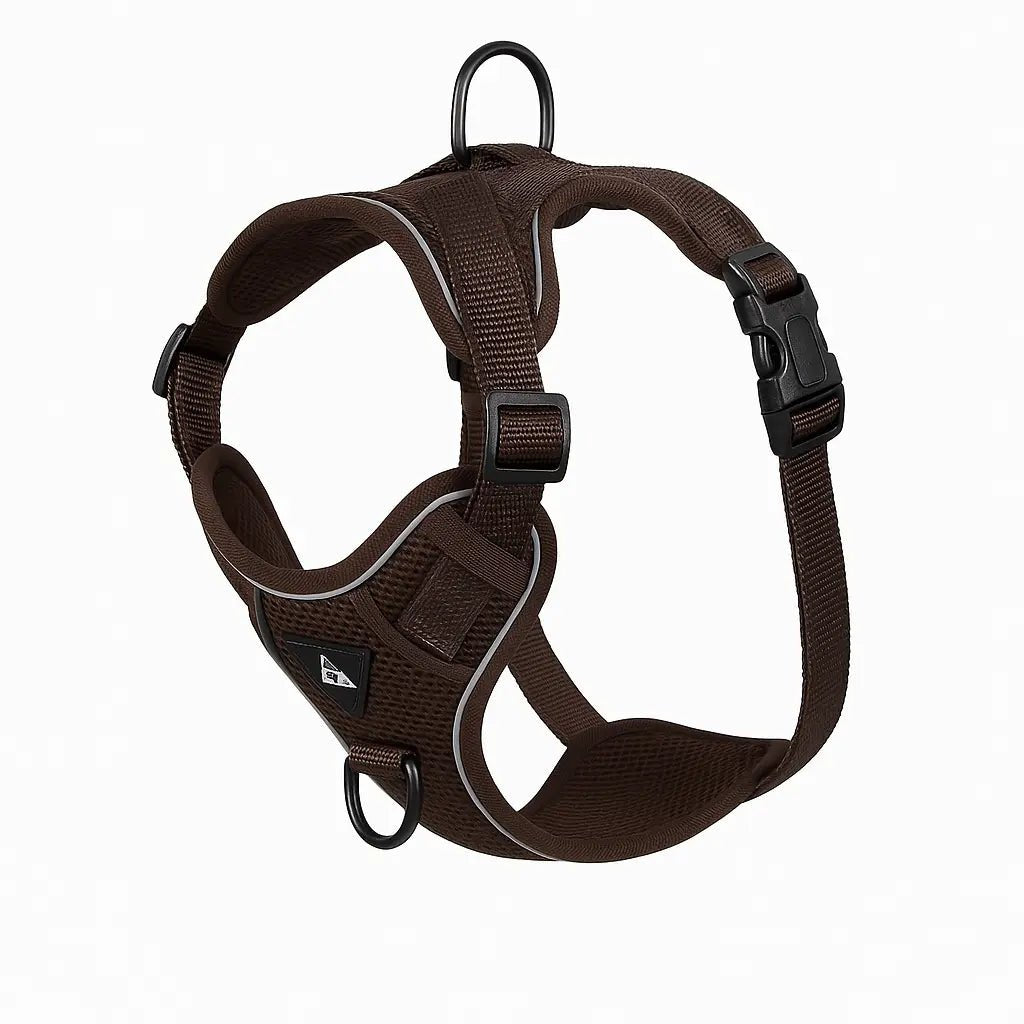 Harnais pour chien marron ajustable avec bandes réfléchissantes sur fond blanc