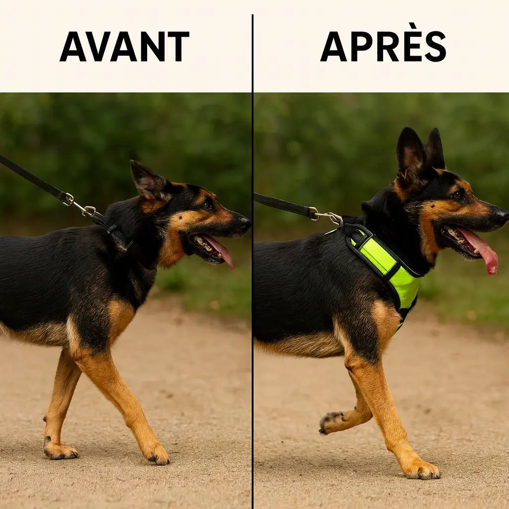 Comparatif avant après d’un chien en promenade : à gauche avec un collier qui tire, à droite avec un harnais anti-traction réglable qui réduit la traction et améliore le confort