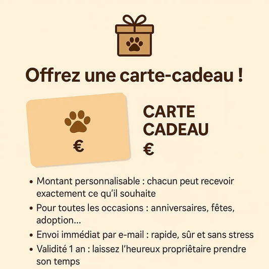 Carte-cadeau personnalisable pour animaux avec icône de patte, idéale pour anniversaires ou adoptions