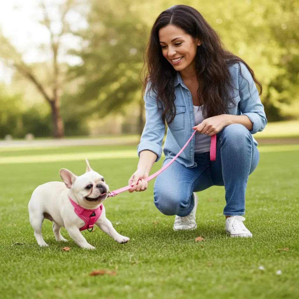 Petit chien tirant sur sa laisse malgré son harnais rose, en promenade avec sa maîtresse, illustrant les conseils Skwatou pour les chiens qui tirent en laisse