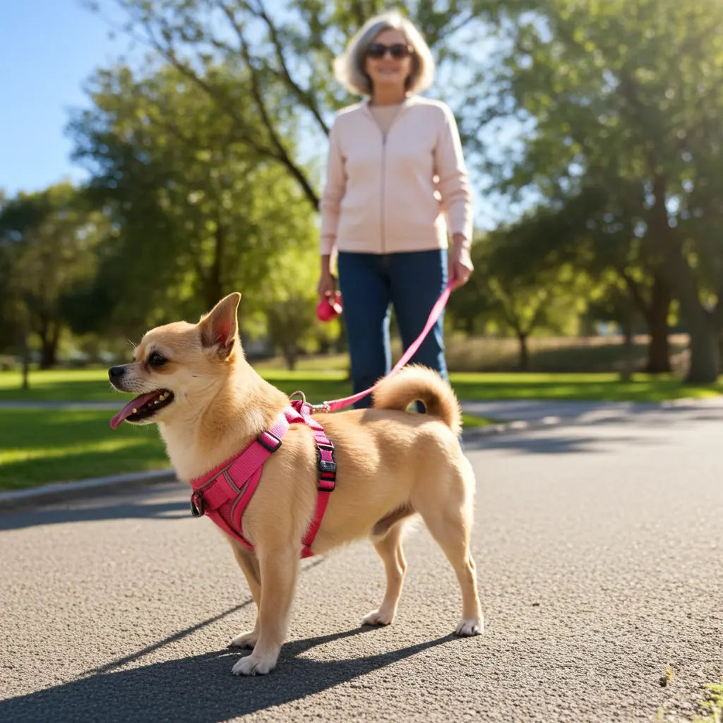 Chihuahua portant un harnais rose anti-traction pendant une promenade dans un parc avec sa maîtresse, harnais confortable pour petit chien