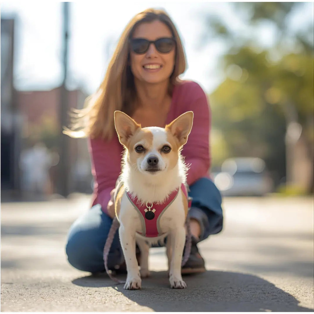 Dog mom accroupie derrière son petit chien portant un harnais rose anti-traction, en balade en ville