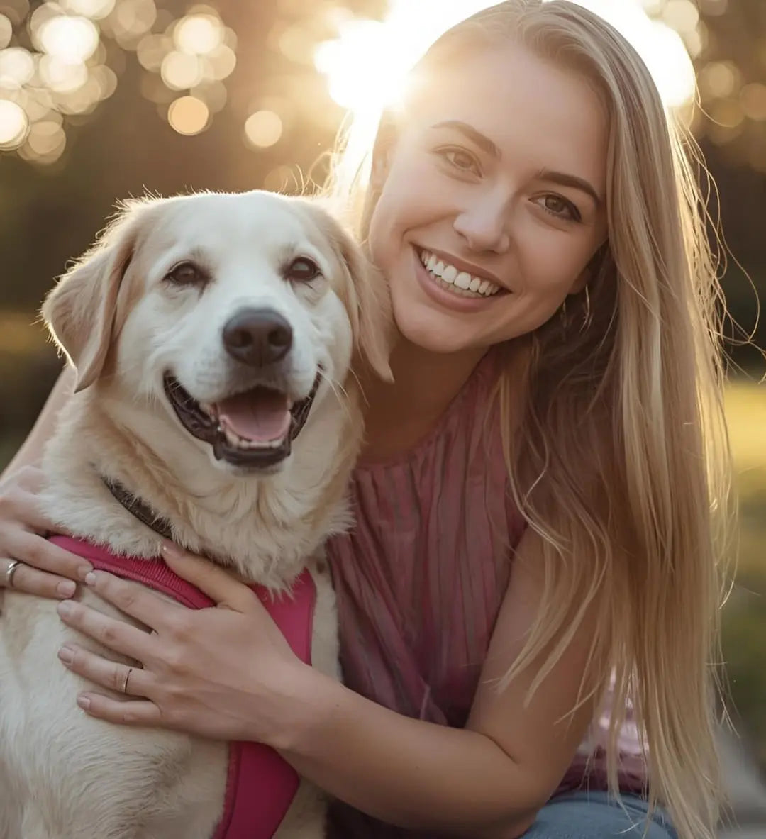 Dog mom souriante avec petit chien portant un harnais rose anti-traction pendant une balade au parc