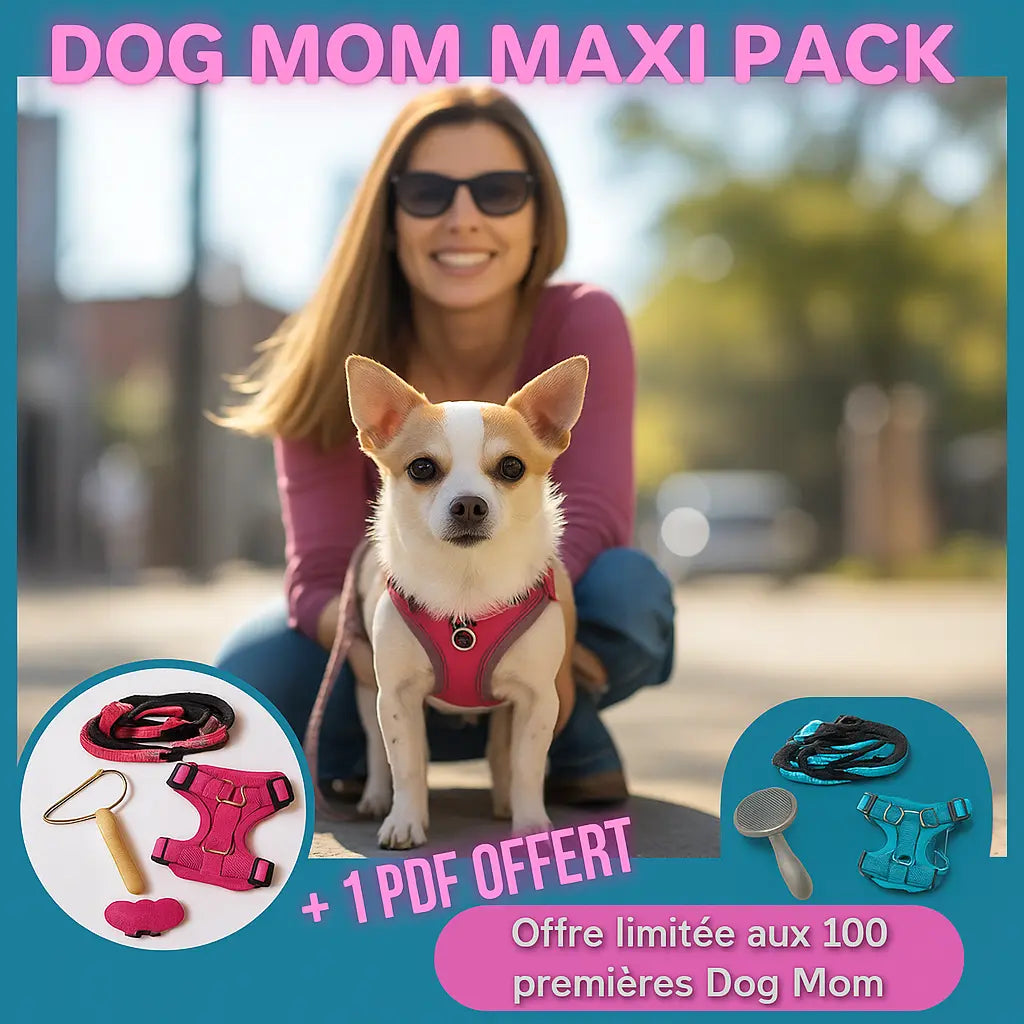 Affiche promotionnelle Dog Mom Maxi Pack avec une femme et son chien portant un harnais rose, accompagnés d’accessoires pour chien et d’une offre spéciale