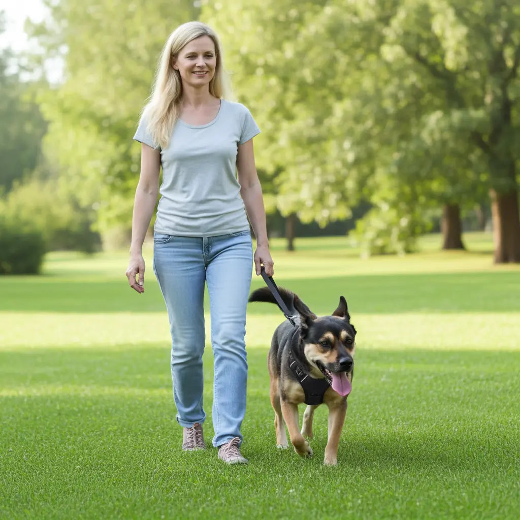 Femme promenant son chien portant un harnais noir anti-traction dans un parc verdoyant, harnais confortable pour grand chien