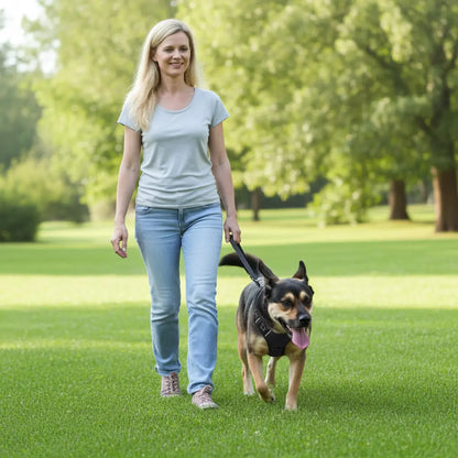 Femme promenant son chien portant un harnais noir anti-traction dans un parc verdoyant, harnais confortable pour grand chien