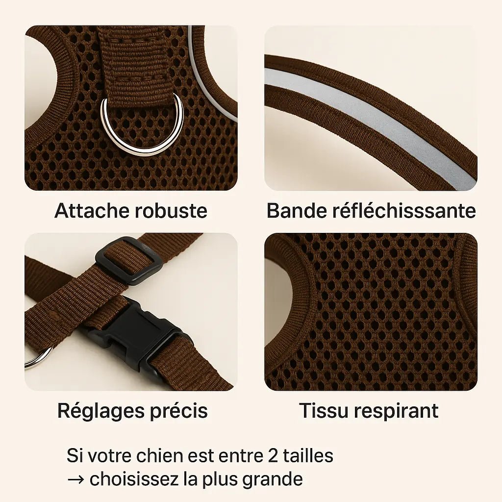 harnais pour chien marron avec attache robuste, réglages précis, tissu respirant et bande réfléchissante pour plus de sécurité