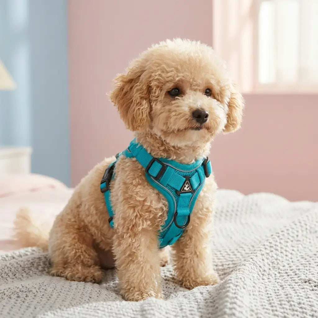 Petit chien au pelage bouclé portant un harnais bleu confortable, idéal pour les promenades