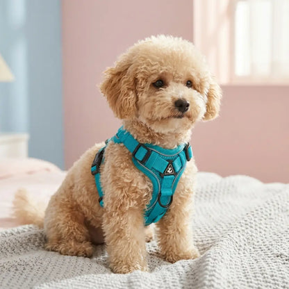Petit chien au pelage bouclé portant un harnais bleu confortable, idéal pour les promenades