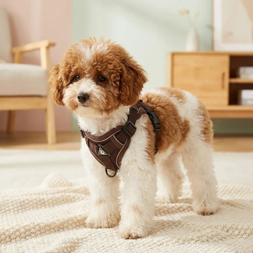Petit chien bicolore portant un harnais marron, debout dans un intérieur lumineux.