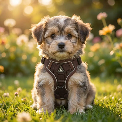 Petit chien portant un harnais marron dans un jardin ensoleillé, idéal pour les promenades