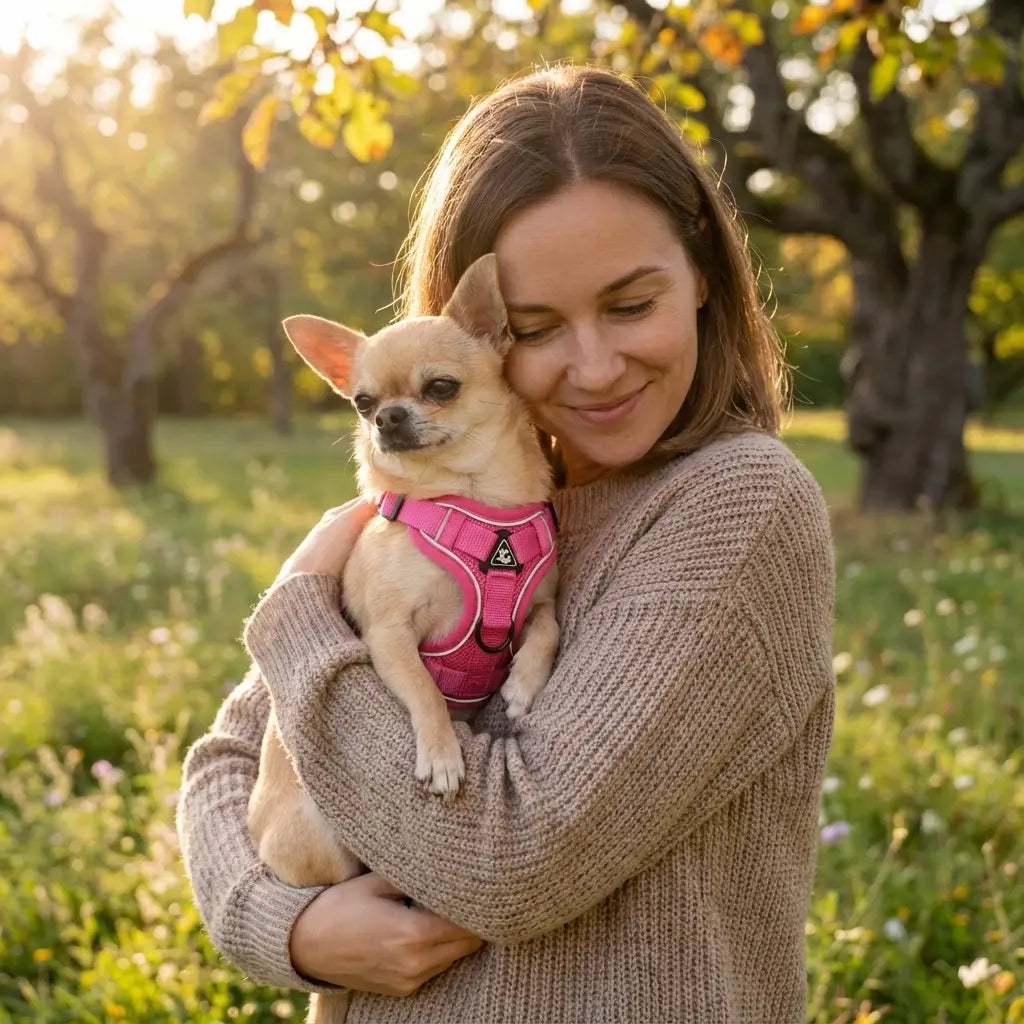 Petit chien portant un harnais rose, tenu dans les bras d’une personne dans un parc ensoleillé
