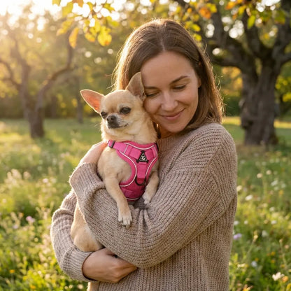 Petit chien portant un harnais rose, tenu dans les bras d’une personne dans un parc ensoleillé