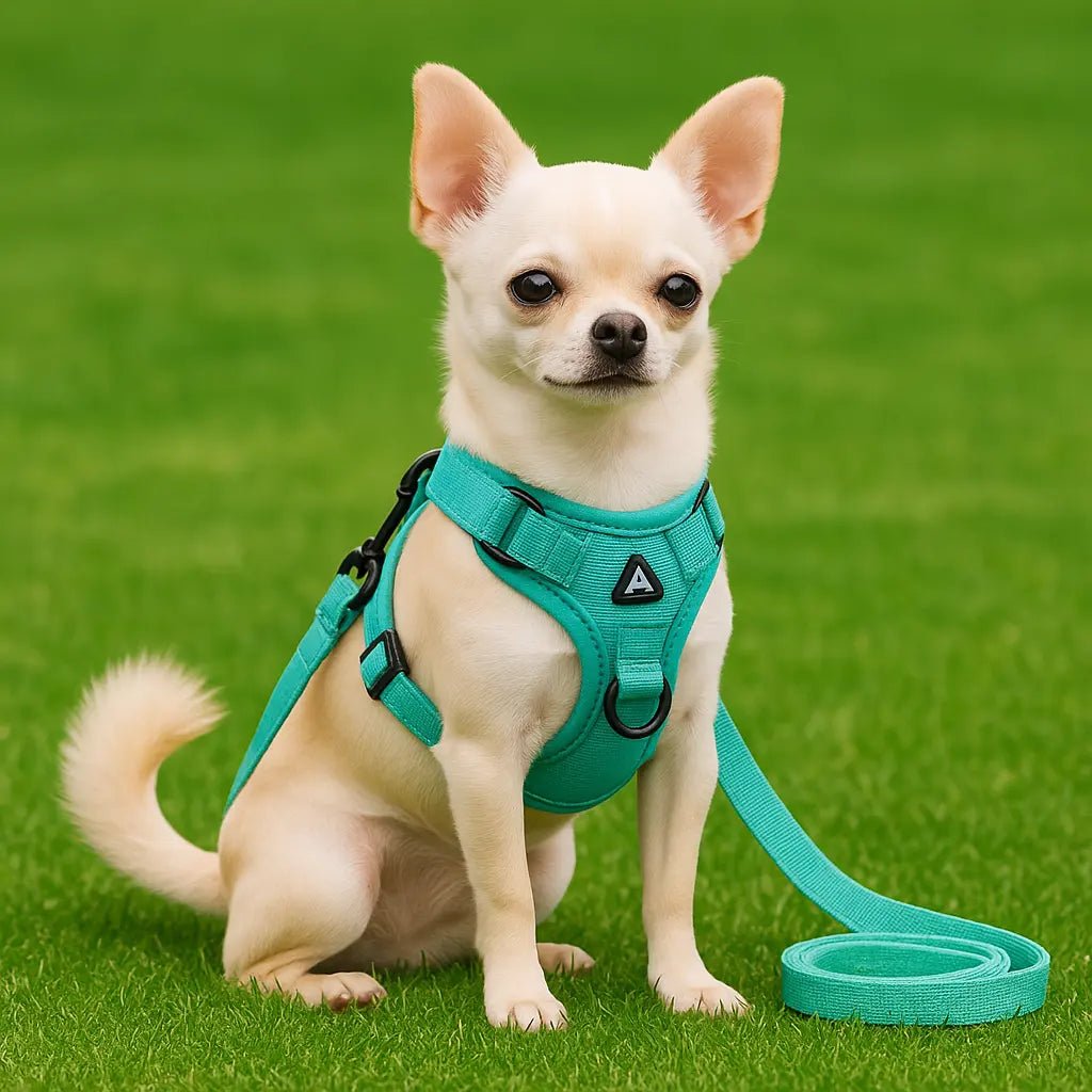 Petit chien blanc type chihuahua portant un harnais anti-traction bleu turquoise avec laisse assortie sur gazon vert

