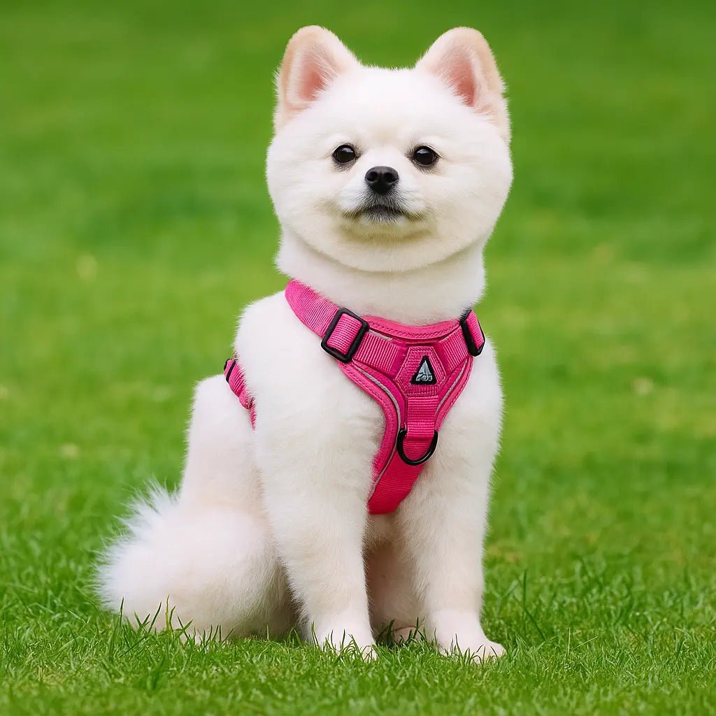 Petit chien blanc avec harnais anti-traction rose pastel assis sur gazon vert
