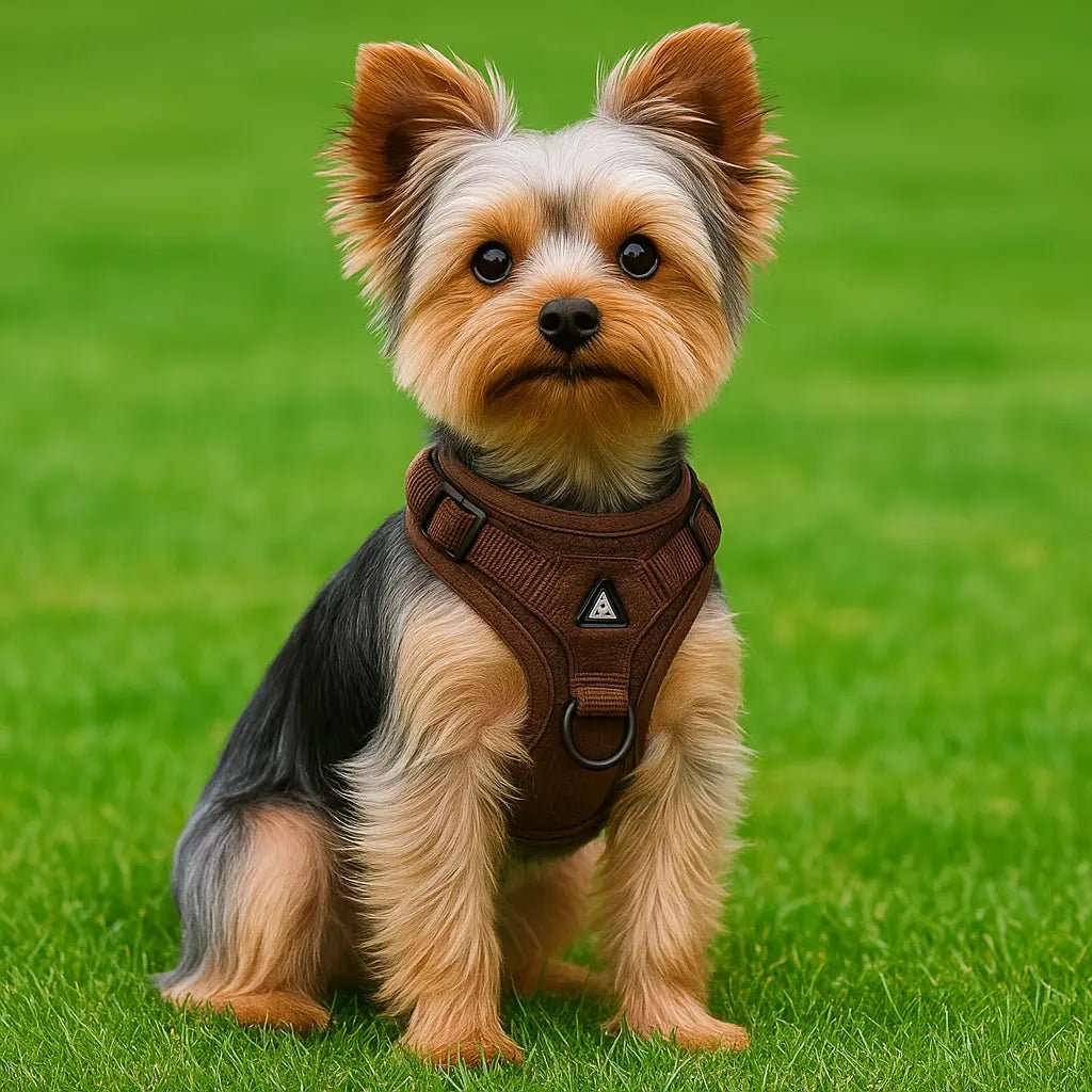Petit chien portant un harnais marron confortable et ajustable, idéal pour promenade en toute sécurité

