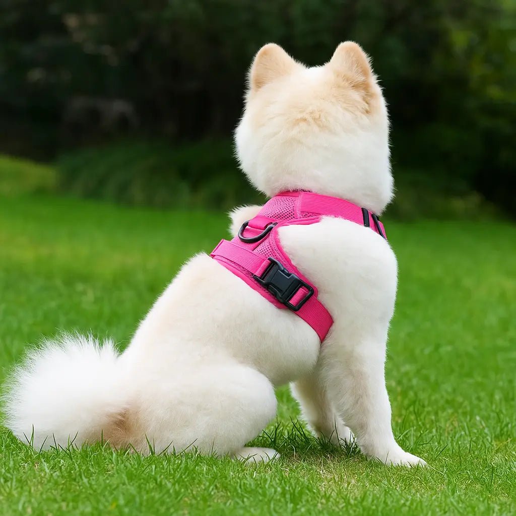Petit chien blanc vu de dos portant un harnais rose sur gazon vert

