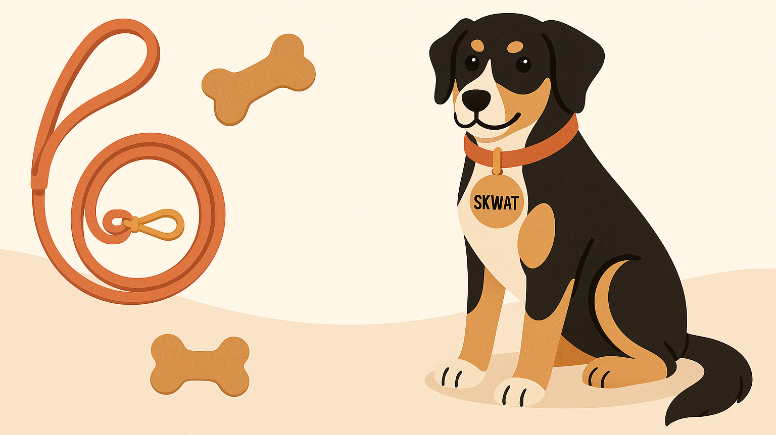 Illustration d’un chien avec un collier marqué SKWAT, une laisse et des os, sur fond beige, style cartoon