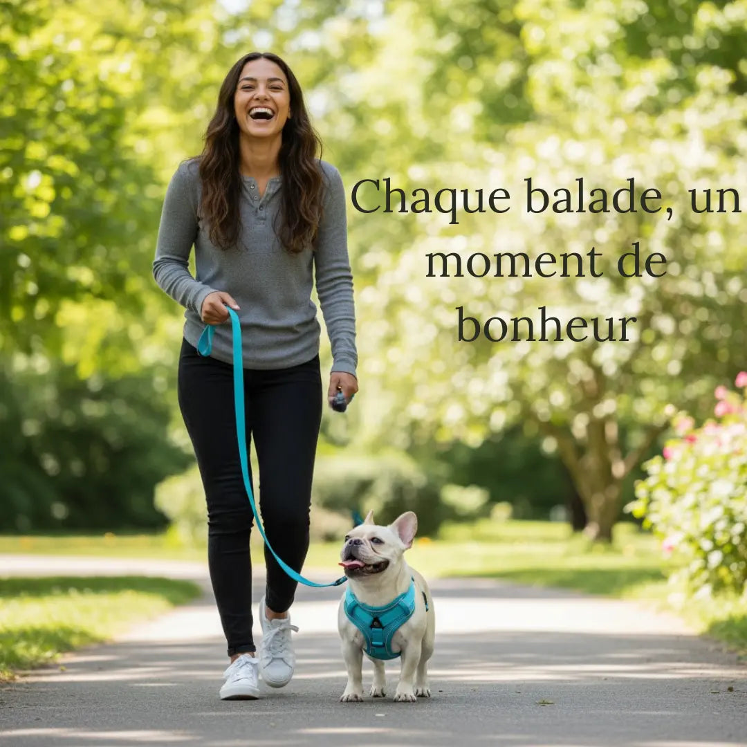 Femme souriante tenant un petit chien en harnais rose Skwatou, symbole de complicité et de confort lors des promenades